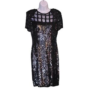 Vintage A.J. Bari Black Sequin Cocktail Glam Dress Lattice Neckline 80s 90s Sz 8
